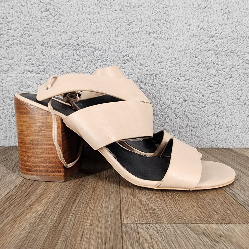 Rebecca Minkoff Women's Size 8.5 Beige Leather Strappy Block Heel Sandals